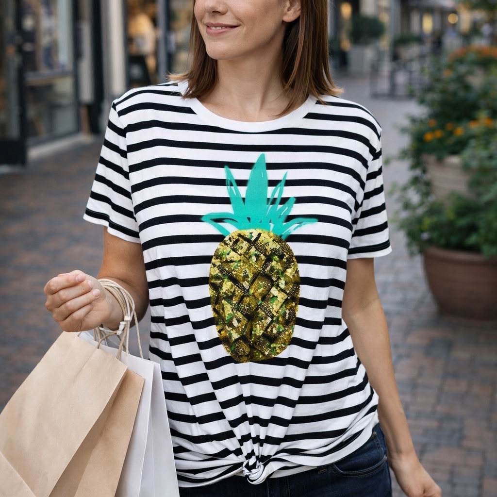 New Banana Republic Black & White Striped Pineapple Sequin Graphic Tee Size S